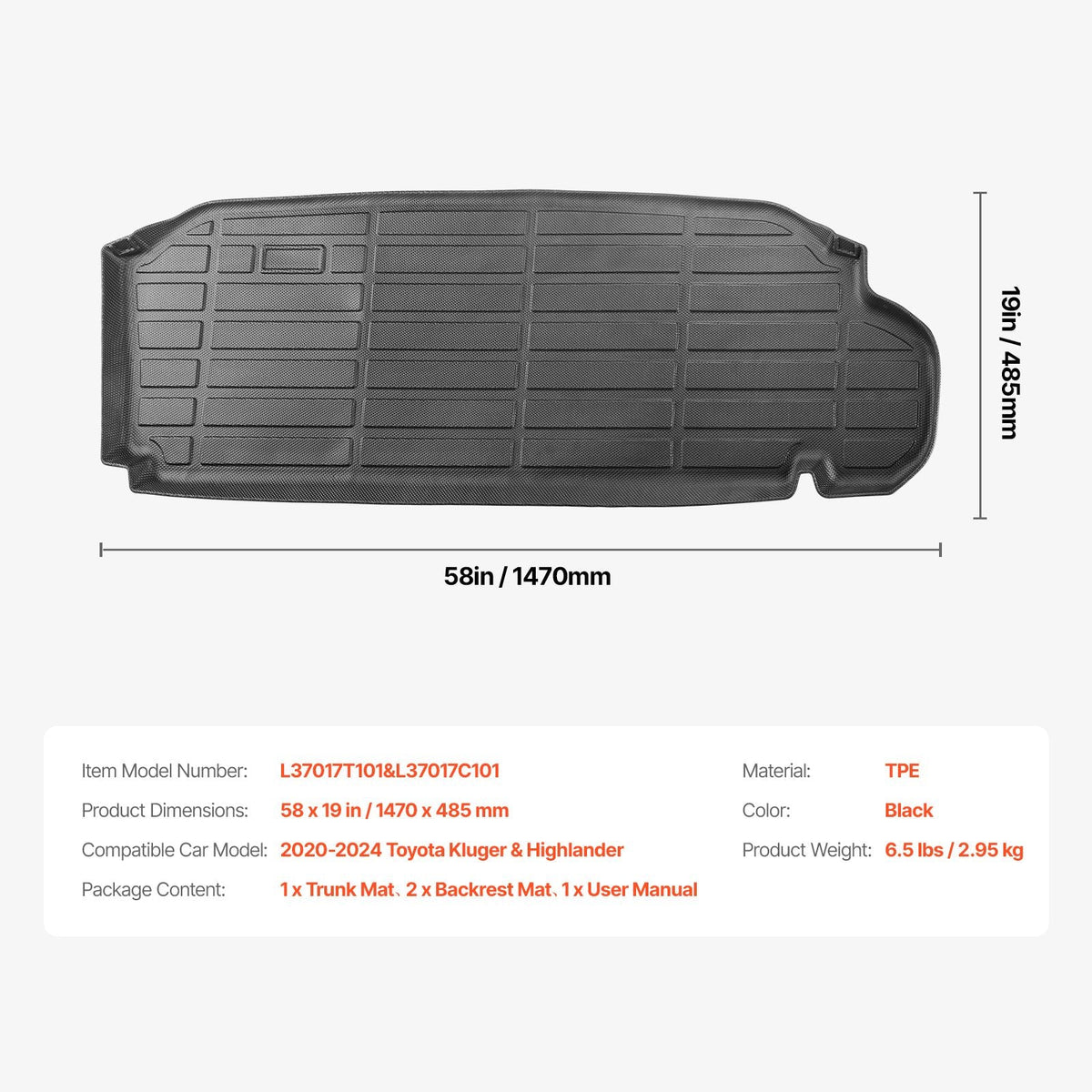 Cargo Mats Compatible with Toyota Kluger & Highlander 2020-2024, Custom Fit TPE Cargo Liner Set for SUVs, Trunk and Rear Back Seat Protector Replacement, Trunk Mat and Backrest Mats
