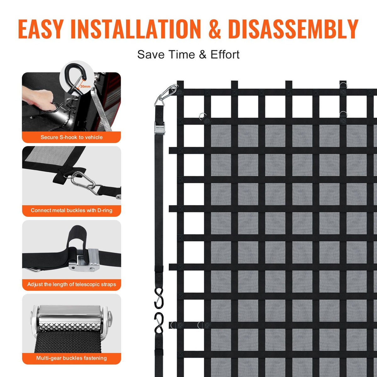 Cargo Net, 120 in x 105 in, Heavy Duty Truck Cargo Net for Truck Bed, 4 Adjustable Straps with Carabiners & S-Hooks, Wear-resistant & Weather-proof, Suitable for Pickup, Truck, Jeep, SUV, Boat