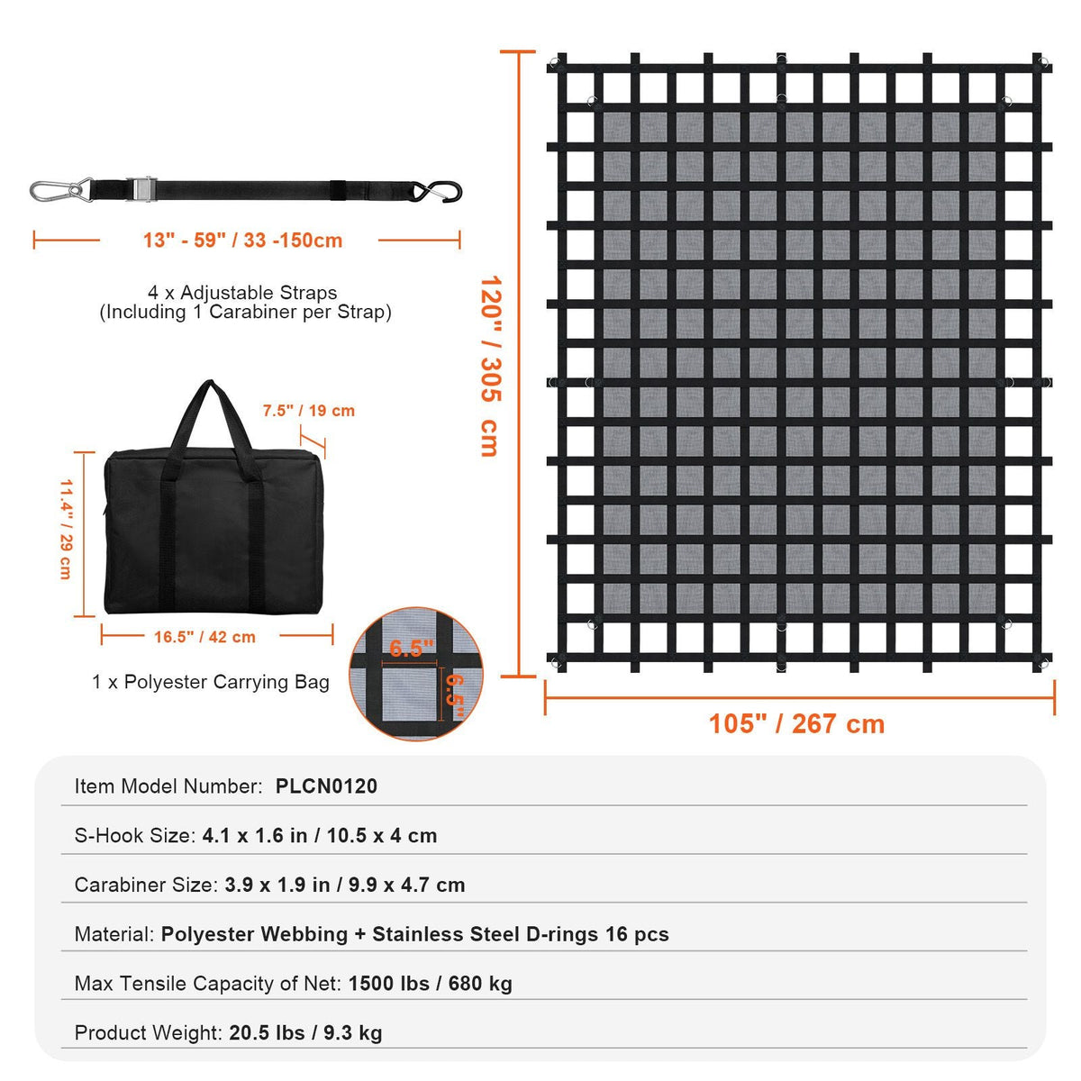 Cargo Net, 120 in x 105 in, Heavy Duty Truck Cargo Net for Truck Bed, 4 Adjustable Straps with Carabiners & S-Hooks, Wear-resistant & Weather-proof, Suitable for Pickup, Truck, Jeep, SUV, Boat