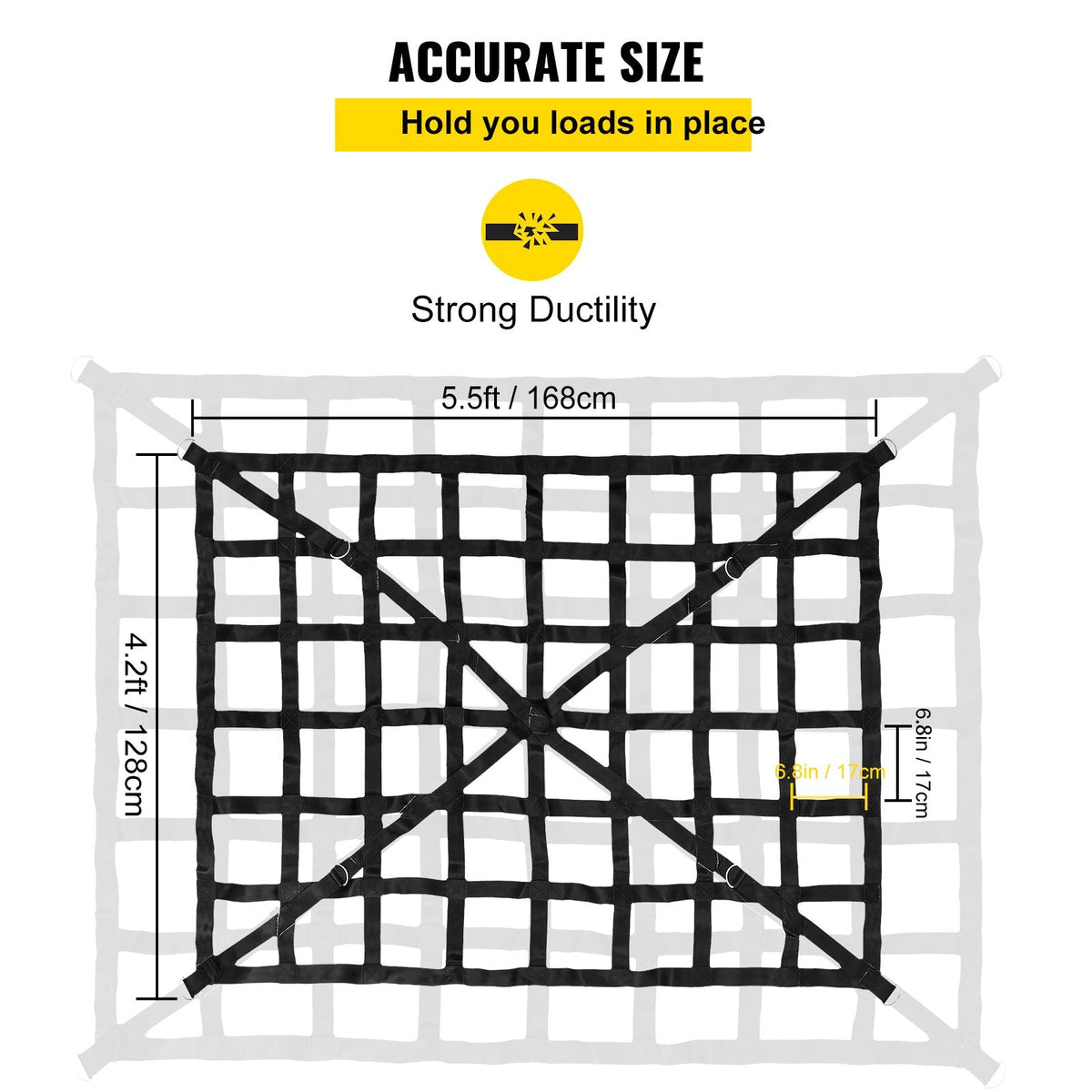 Cargo Net, 4.2\' x 5.5\' Cargo Net for Pickup Truck Bed, Heavy Duty Cargo Nets with Cam Buckles & S-Hooks & Cross Strap, Truck Bed Cargo Net for Trailer SUV Roof Rack (50\" x 66\")