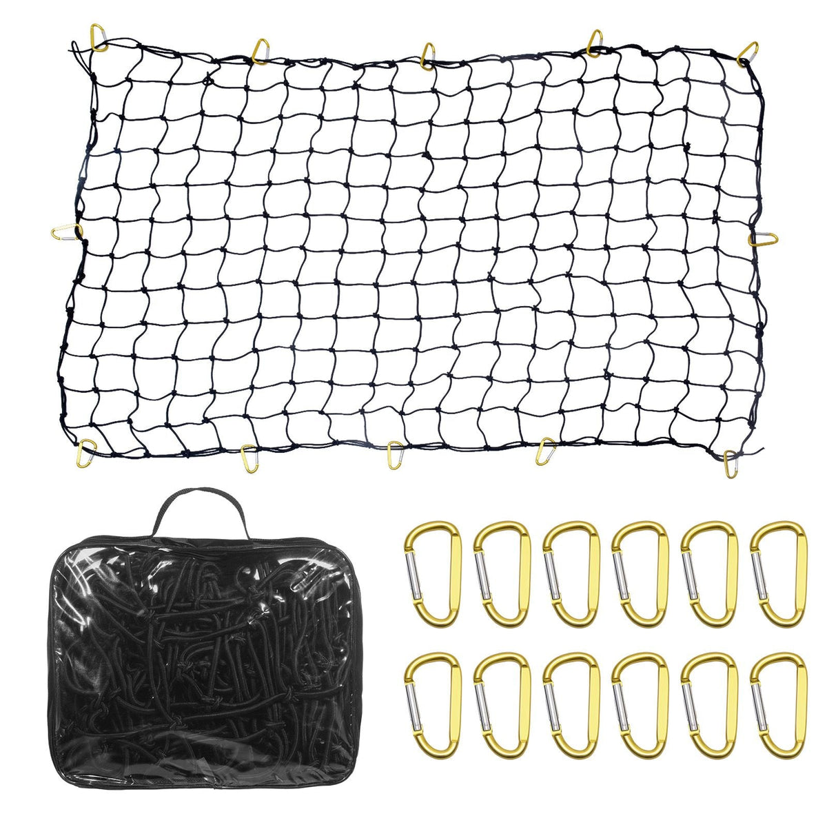 Cargo Net, 72 in x 48 in, Heavy Duty Bungee Cargo Netting with 12 Carabiners, 4' x 6' Stretches to 7.2' x 10.8', Wear-resistant & Weather-proof, Suitable for Pickup, Truck, Jeep, SUV, Trailer