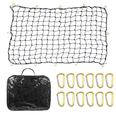 Cargo Net, 72 in x 48 in, Heavy Duty Bungee Cargo Netting with 12 Carabiners, 4' x 6' Stretches to 7.2' x 10.8', Wear-resistant & Weather-proof, Suitable for Pickup, Truck, Jeep, SUV, Trailer