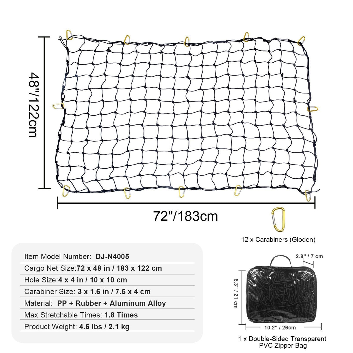 Cargo Net, 72 in x 48 in, Heavy Duty Bungee Cargo Netting with 12 Carabiners, 4' x 6' Stretches to 7.2' x 10.8', Wear-resistant & Weather-proof, Suitable for Pickup, Truck, Jeep, SUV, Trailer