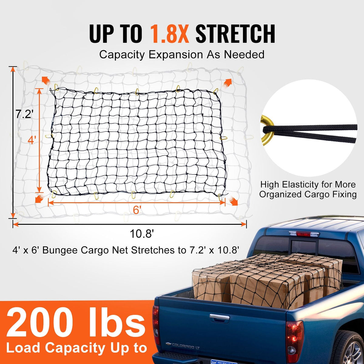 Cargo Net, 72 in x 48 in, Heavy Duty Bungee Cargo Netting with 12 Carabiners, 4' x 6' Stretches to 7.2' x 10.8', Wear-resistant & Weather-proof, Suitable for Pickup, Truck, Jeep, SUV, Trailer
