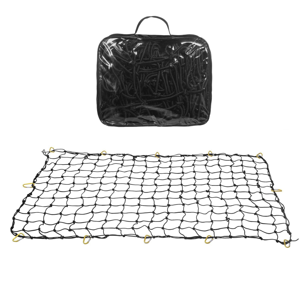 Cargo Net, 72 in x 48 in, Heavy Duty Bungee Cargo Netting with 12 Carabiners, 4' x 6' Stretches to 7.2' x 10.8', Wear-resistant & Weather-proof, Suitable for Pickup, Truck, Jeep, SUV, Trailer