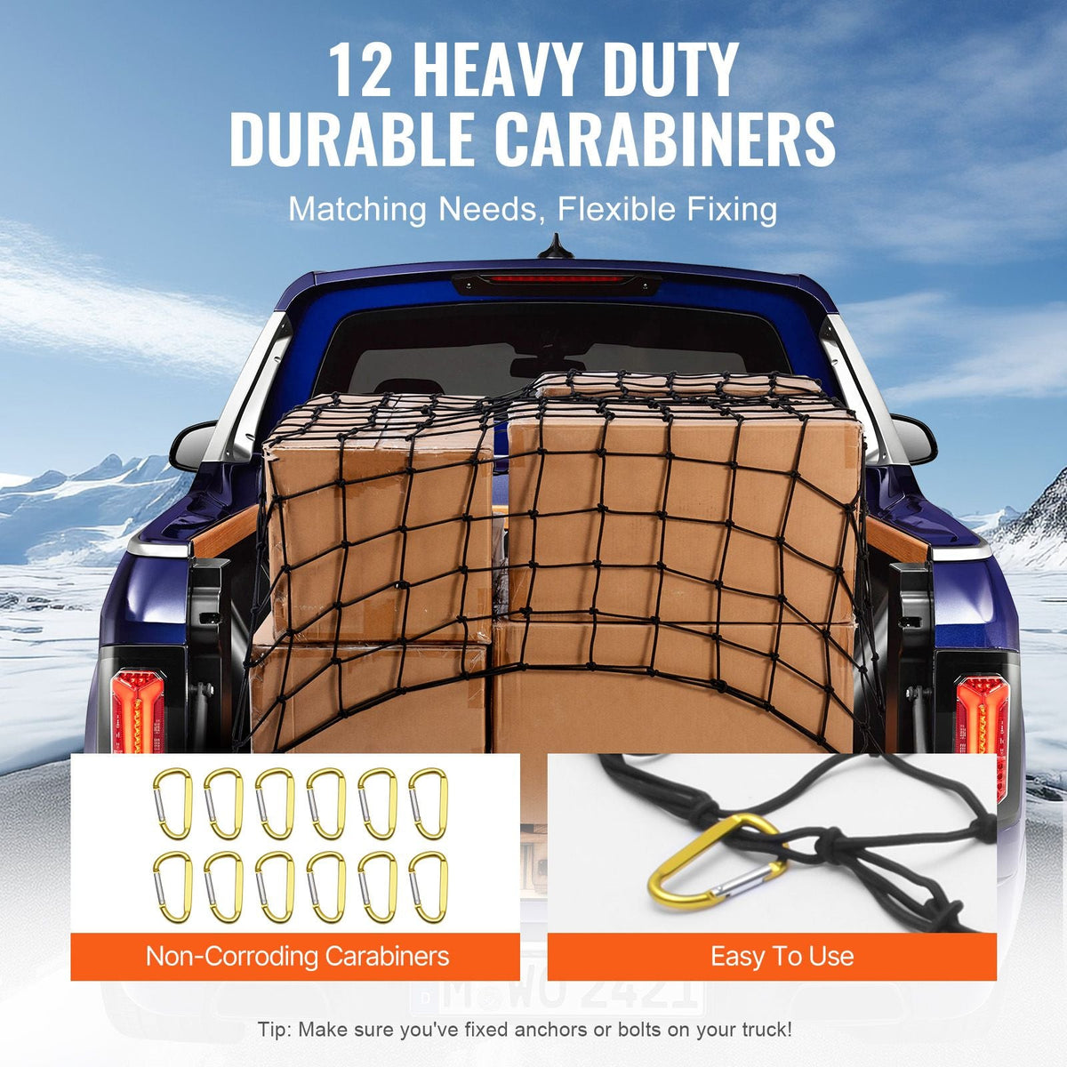 Cargo Net, 72 in x 48 in, Heavy Duty Bungee Cargo Netting with 12 Carabiners, 4' x 6' Stretches to 7.2' x 10.8', Wear-resistant & Weather-proof, Suitable for Pickup, Truck, Jeep, SUV, Trailer