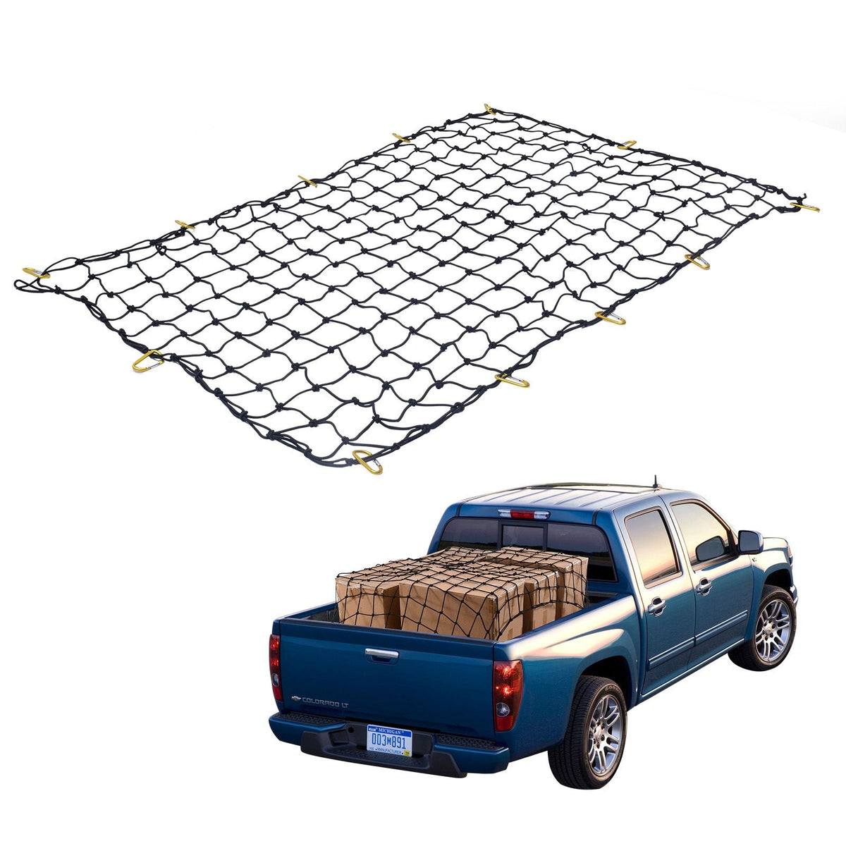 Cargo Net, 72 in x 48 in, Heavy Duty Bungee Cargo Netting with 12 Carabiners, 4' x 6' Stretches to 7.2' x 10.8', Wear-resistant & Weather-proof, Suitable for Pickup, Truck, Jeep, SUV, Trailer