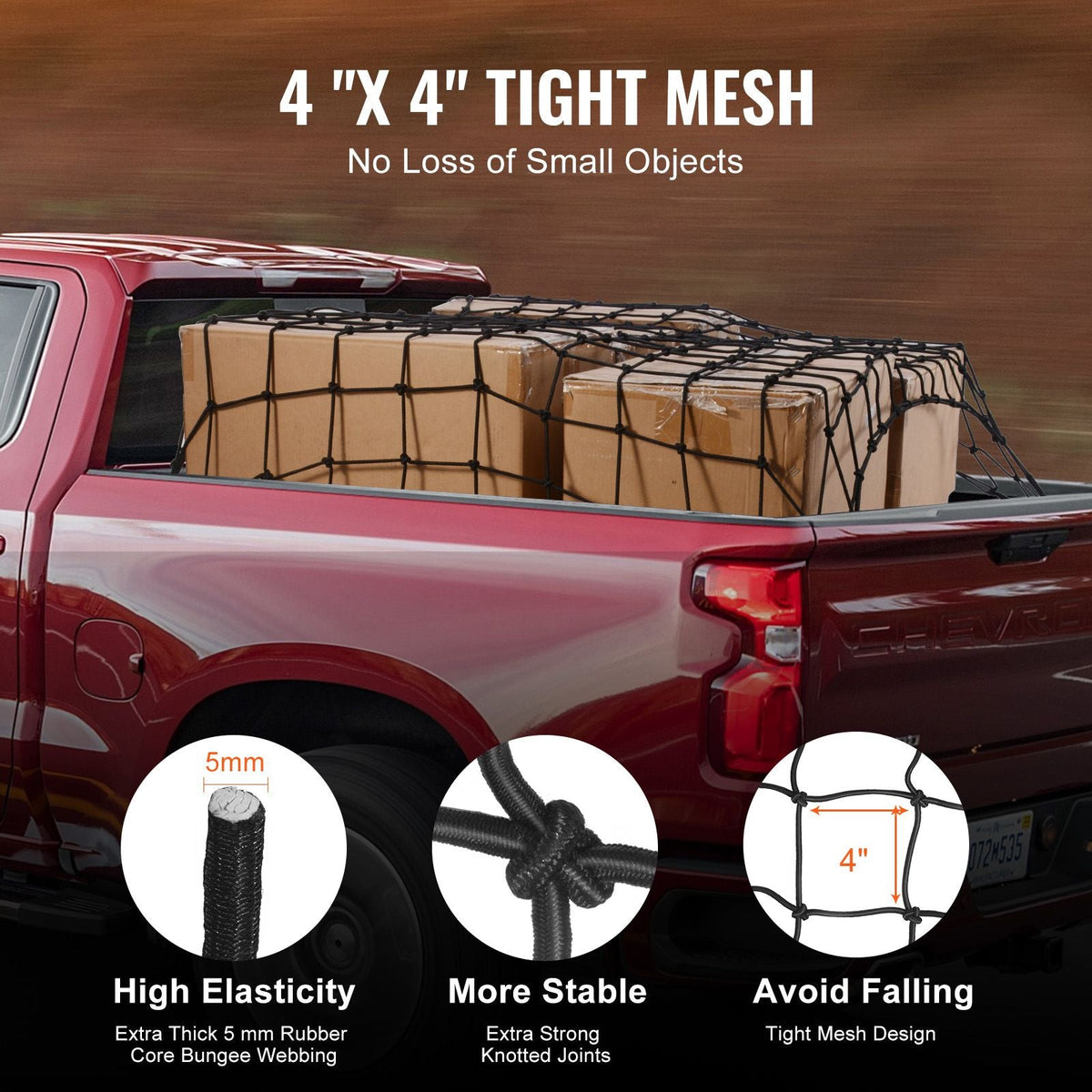 Cargo Net, 72 in x 48 in, Heavy Duty Bungee Cargo Netting with 12 Carabiners, 4' x 6' Stretches to 7.2' x 10.8', Wear-resistant & Weather-proof, Suitable for Pickup, Truck, Jeep, SUV, Trailer