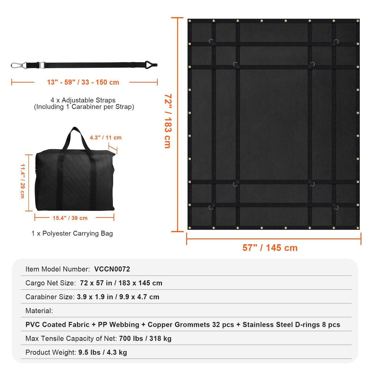 Cargo Net, 72 in x 57 in, Heavy Duty Truck Cargo Net for Truck Bed, 4 Adjustable Straps with Carabiners and Rubber Coated Hooks, Durable, Suitable for Pickup, Jeep, Truck, SUV, Boat (Black)