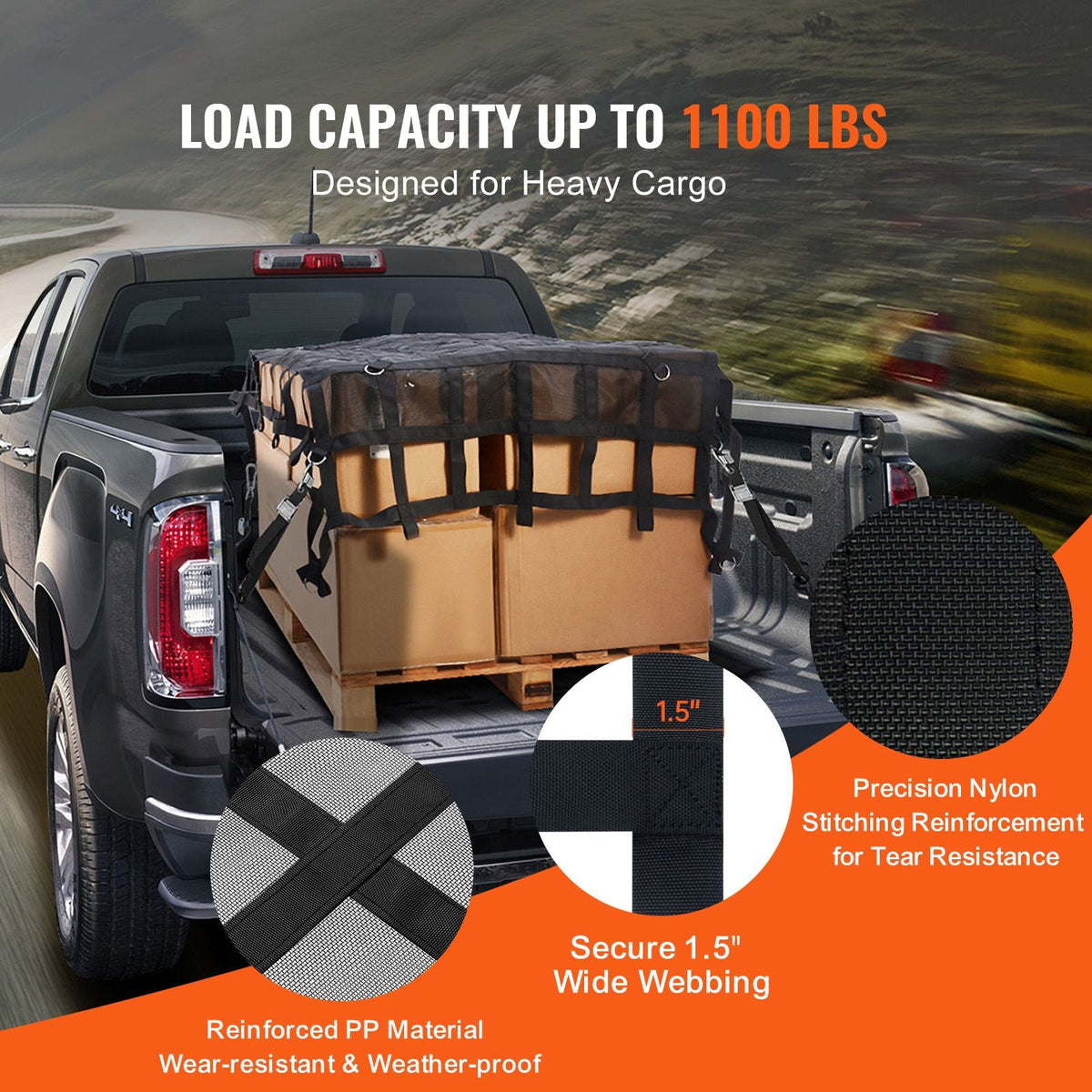 Cargo Net, 72 in x 57 in, Heavy Duty Truck Cargo Net for Truck Bed, 4 Adjustable Straps with Carabiners & S-Hooks, Wear-resistant & Weather-proof, Suitable for Pickup, Truck, Jeep, SUV, Boat