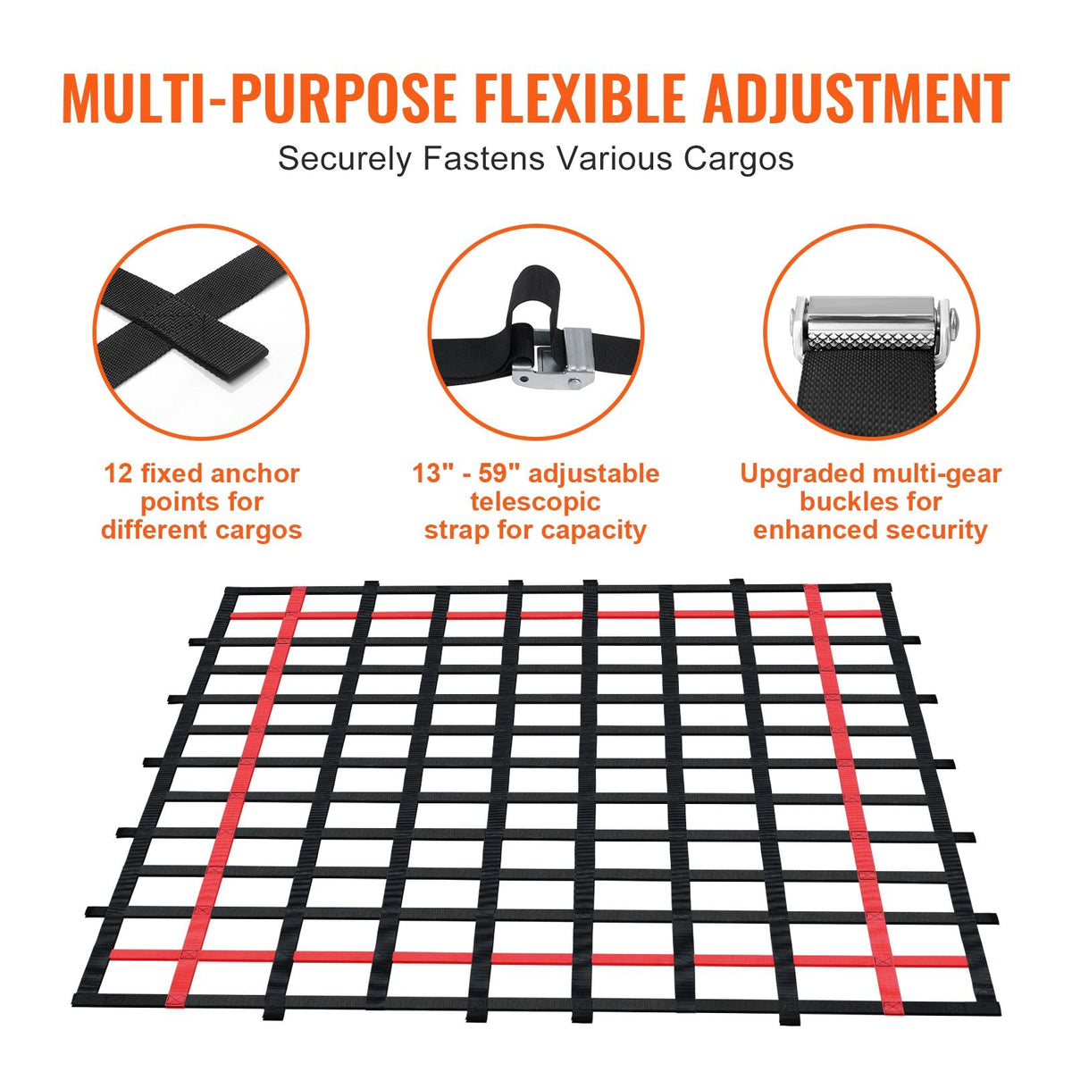 Cargo Net, 96 in x 72 in, Heavy Duty Truck Cargo Net for Truck Bed, 4 Adjustable Straps with Buckles and S-Hooks, Wear-resistant & Weather-proof, Suitable for Pickup, Truck, Jeep, SUV, Boat