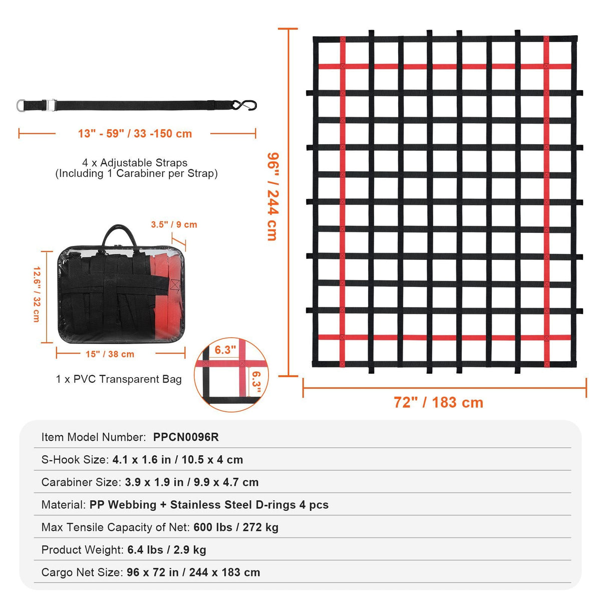Cargo Net, 96 in x 72 in, Heavy Duty Truck Cargo Net for Truck Bed, 4 Adjustable Straps with Buckles and S-Hooks, Wear-resistant & Weather-proof, Suitable for Pickup, Truck, Jeep, SUV, Boat