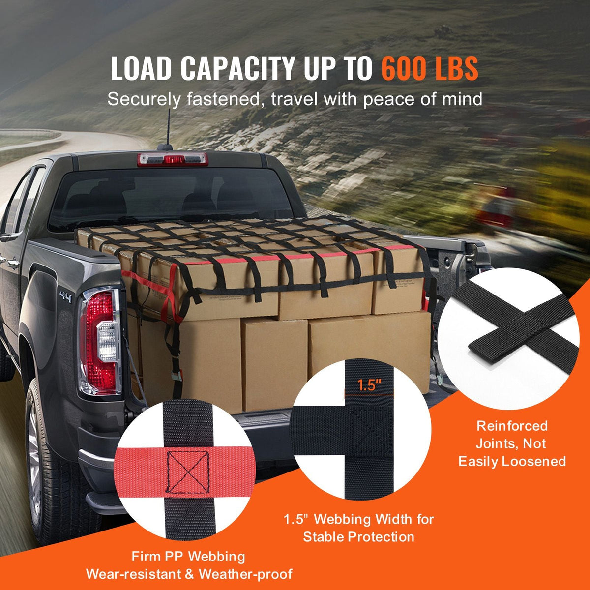 Cargo Net, 96 in x 72 in, Heavy Duty Truck Cargo Net for Truck Bed, 4 Adjustable Straps with Buckles and S-Hooks, Wear-resistant & Weather-proof, Suitable for Pickup, Truck, Jeep, SUV, Boat