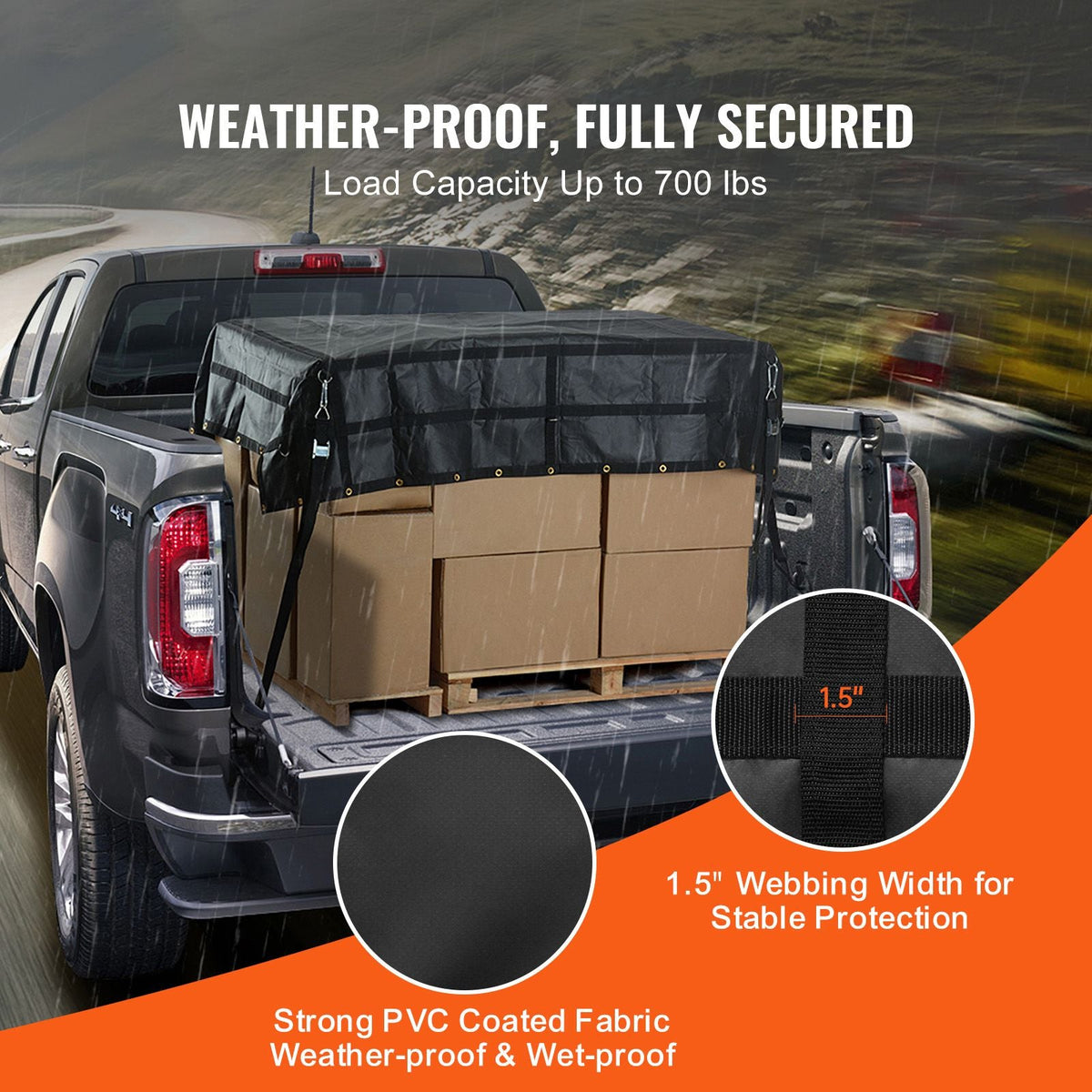 Cargo Net, 96 in x 81 in, Heavy Duty Truck Cargo Net for Truck Bed, 4 Adjustable Straps with Carabiners and Rubber Coated Hooks, Durable, Suitable for Pickup, Jeep, Truck, SUV, Boat (Black)
