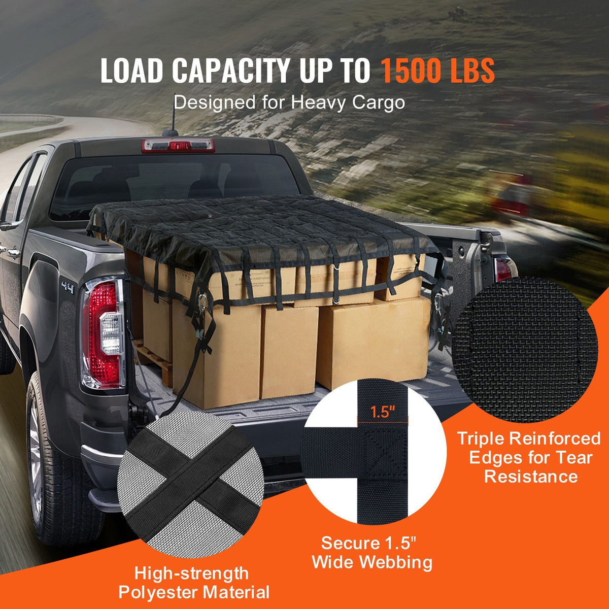 Cargo Net, 96 in x 81 in, Heavy Duty Truck Cargo Net for Truck Bed, 4 Adjustable Straps with Carabiners & S-Hooks, Wear-resistant & Weather-proof, Suitable for Pickup, Truck, Jeep, SUV, Boat
