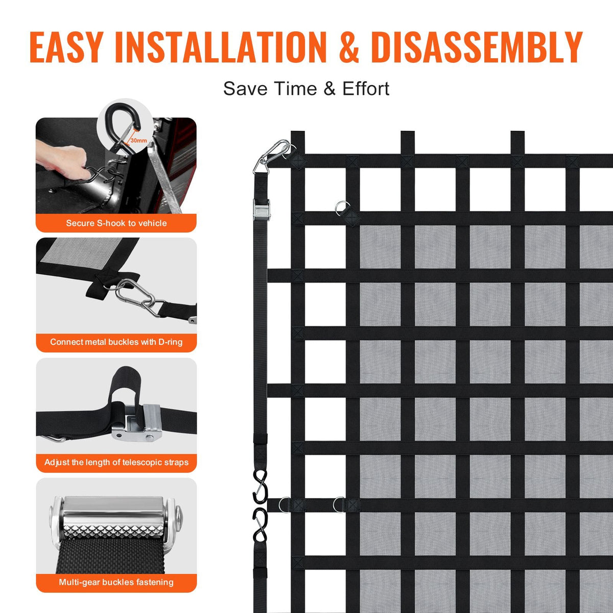 Cargo Net, 96 in x 81 in, Heavy Duty Truck Cargo Net for Truck Bed, 4 Adjustable Straps with Carabiners & S-Hooks, Wear-resistant & Weather-proof, Suitable for Pickup, Truck, Jeep, SUV, Boat