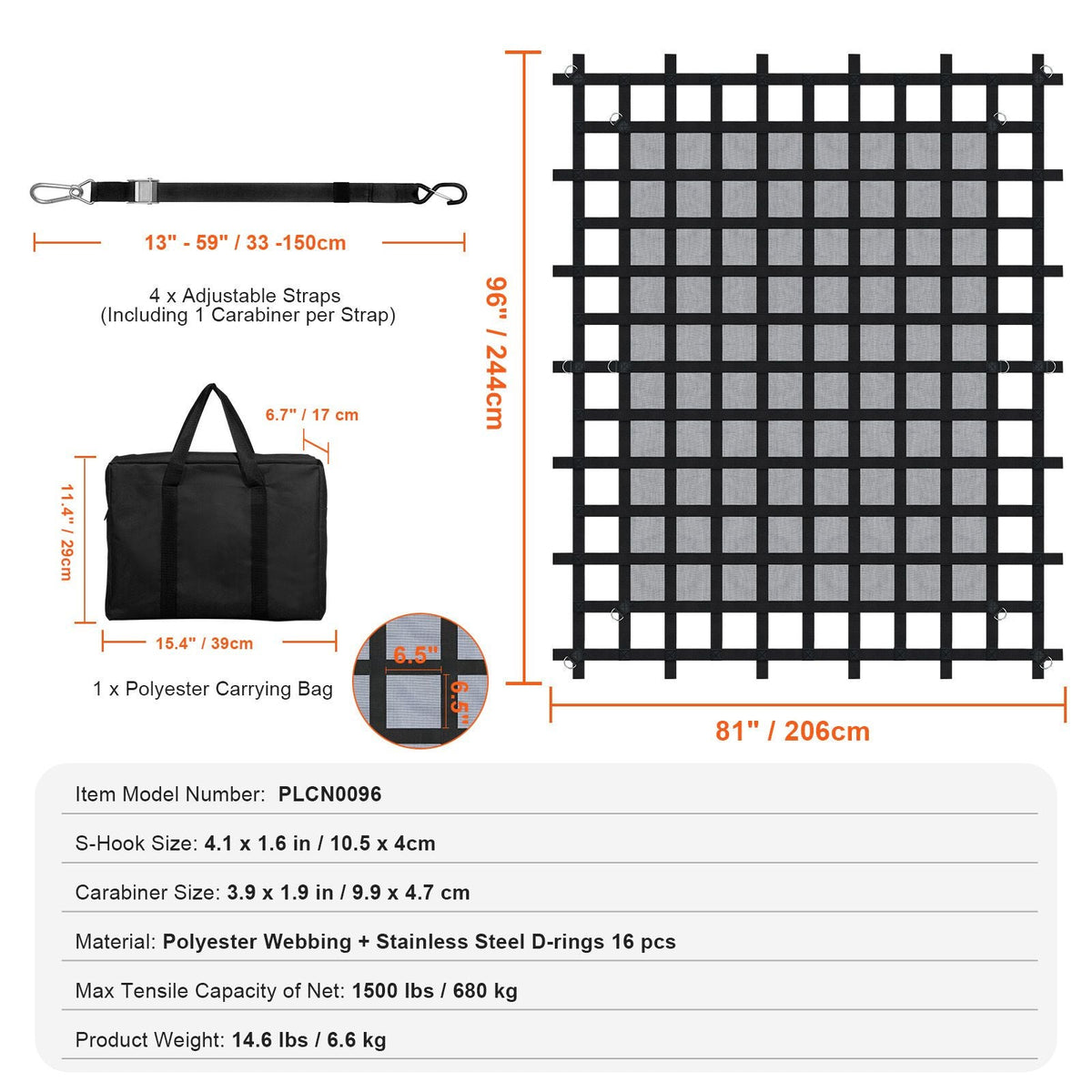 Cargo Net, 96 in x 81 in, Heavy Duty Truck Cargo Net for Truck Bed, 4 Adjustable Straps with Carabiners & S-Hooks, Wear-resistant & Weather-proof, Suitable for Pickup, Truck, Jeep, SUV, Boat