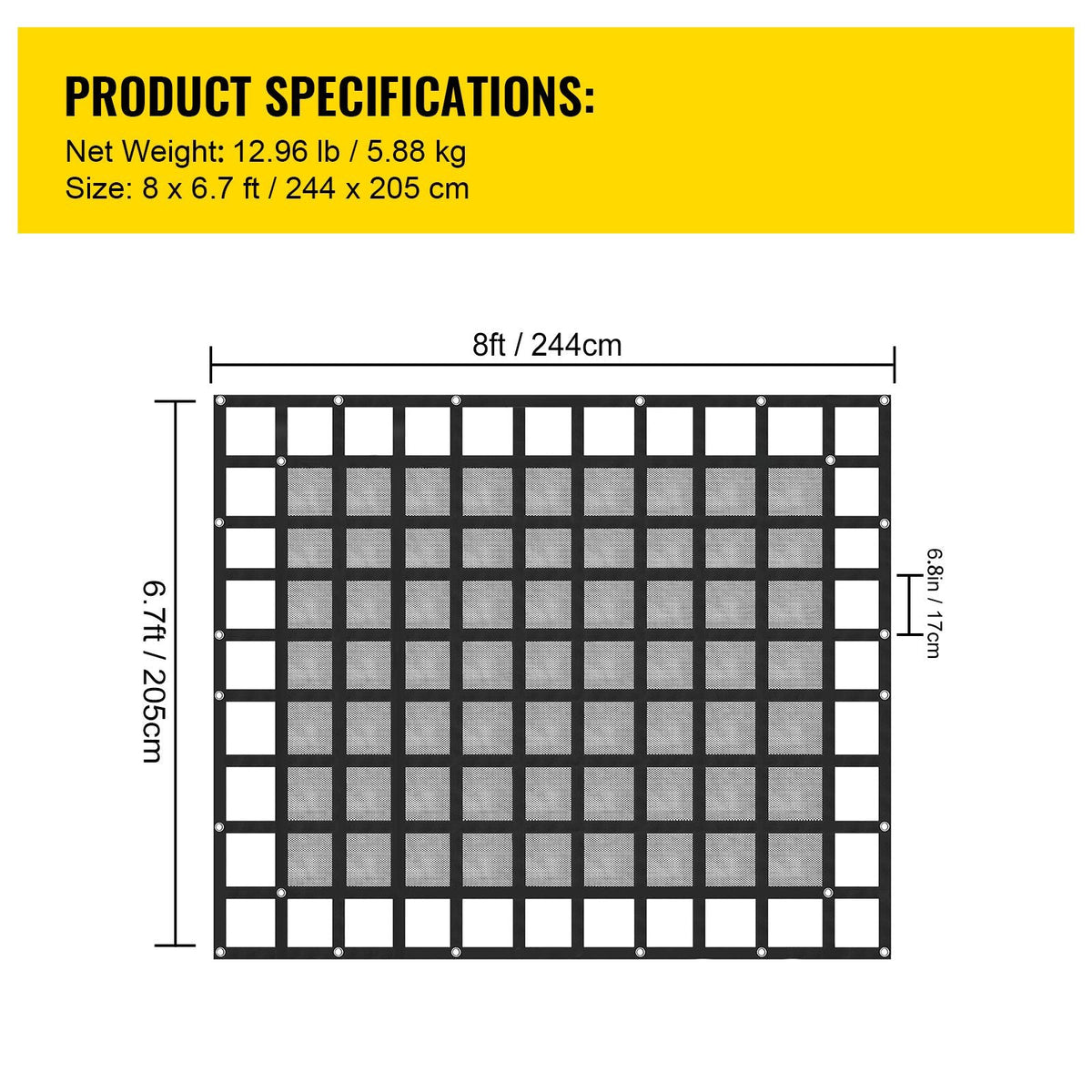 Cargo Net with Mesh, 8\' x 6.7\' Cargo Net for Pickup Truck Bed, Heavy Duty Cargo Nets with Cam Buckles & S-Hooks & Cross Strap, Truck Bed Cargo Net for Trailer SUV Jeeps(96\" x 80\")