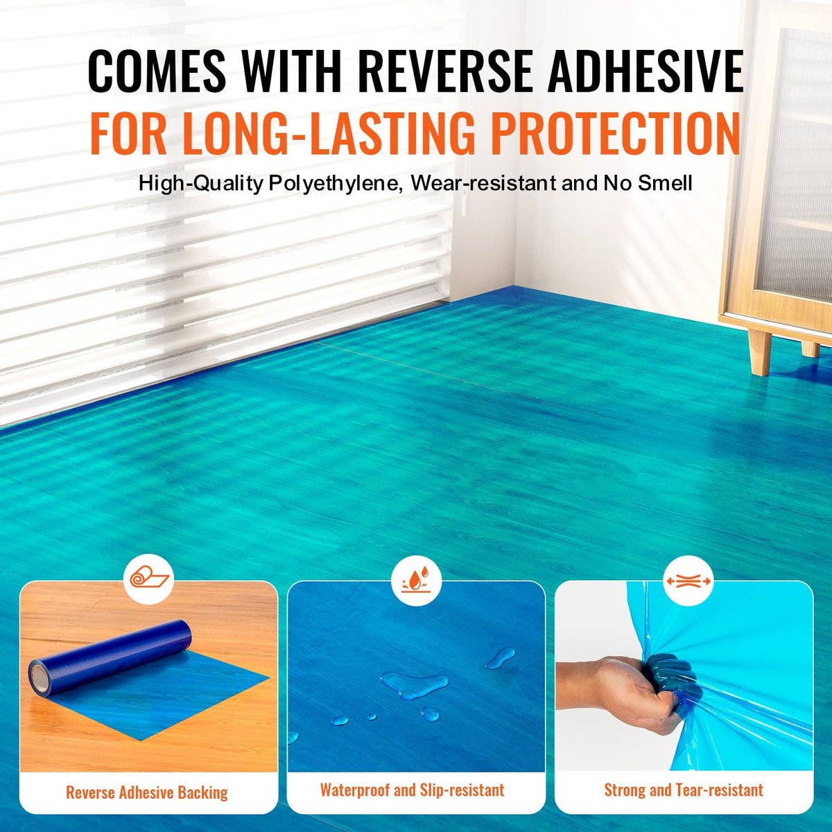Carpet Protection Film, 24" x 200' Floor and Surface Shield with Self Adhesive Backing & Easy Installation, Polyethylene Adhesive Car Mat Protector Roll for Construction Renovation, Blue