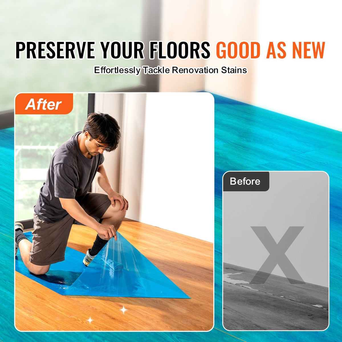 Carpet Protection Film, 24" x 200' Floor and Surface Shield with Self Adhesive Backing & Easy Installation, Polyethylene Adhesive Car Mat Protector Roll for Construction Renovation, Blue