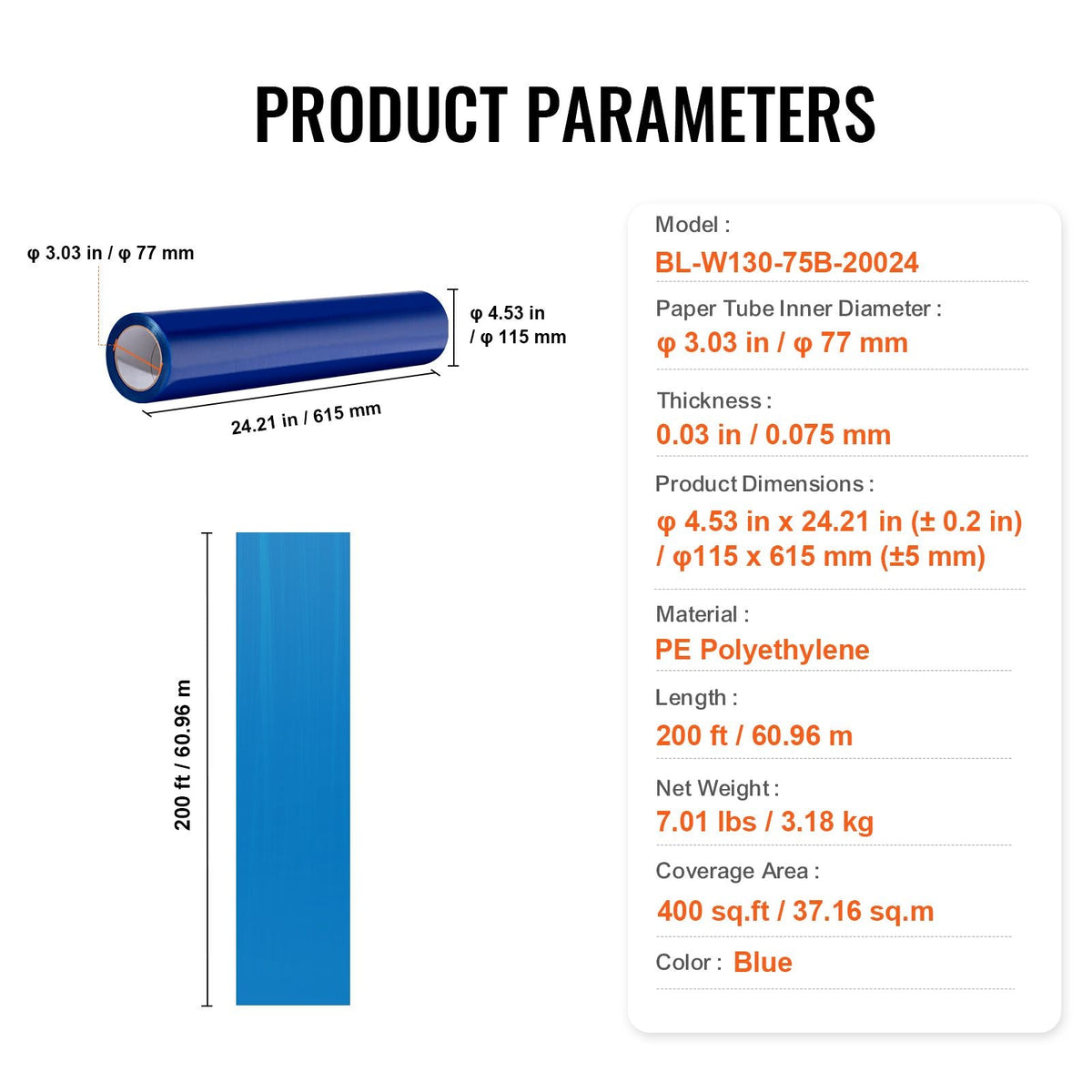 Carpet Protection Film, 24" x 200' Floor and Surface Shield with Self Adhesive Backing & Easy Installation, Polyethylene Adhesive Car Mat Protector Roll for Construction Renovation, Blue