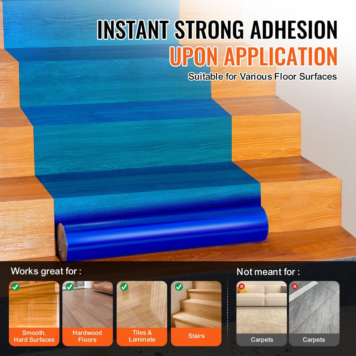 Carpet Protection Film, 24" x 200' Floor and Surface Shield with Self Adhesive Backing & Easy Installation, Polyethylene Adhesive Car Mat Protector Roll for Construction Renovation, Blue