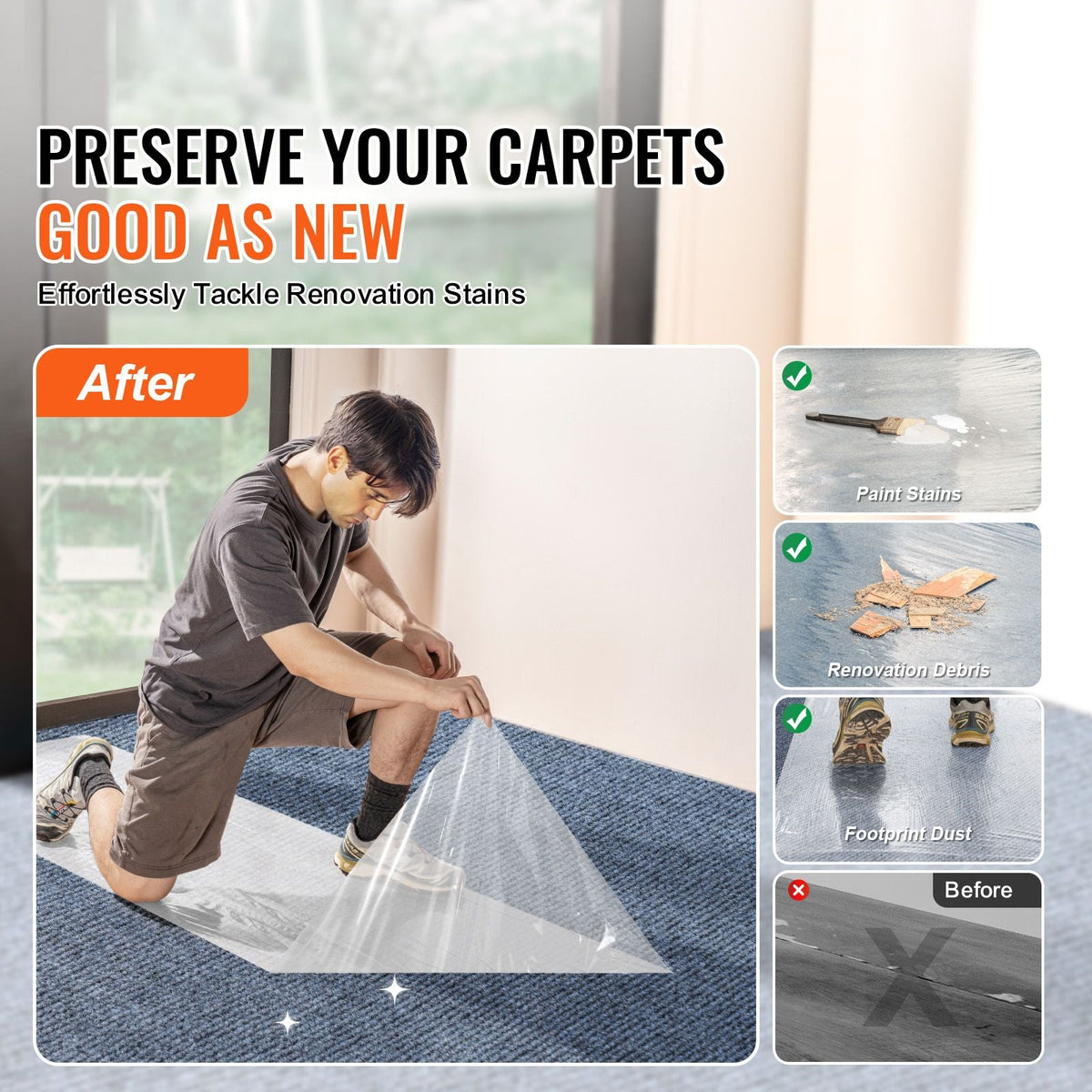 Carpet Protection Film, 24" x 200' Floor and Surface Shield with Self Adhesive Backing & Easy Installation, Polyethylene Adhesive Car Mat Protector Roll for Construction & Renovation