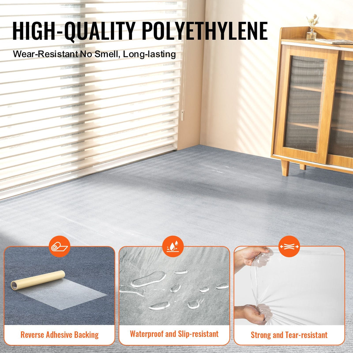 Carpet Protection Film, 24" x 200' Floor and Surface Shield with Self Adhesive Backing & Easy Installation, Polyethylene Adhesive Car Mat Protector Roll for Construction & Renovation
