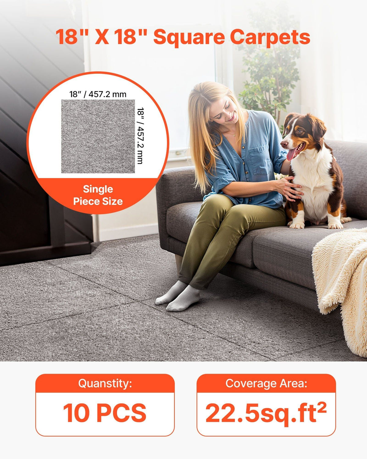Carpet Tiles 18x18 inch, 10 Pack Carpet Square Rug Detachable & Damage-free, Self Adhesive Home Floor Soft Plush Padded for 22.5sq.ft Coverage, Easy DIY for Living Room & Bedroom, Dark Brown