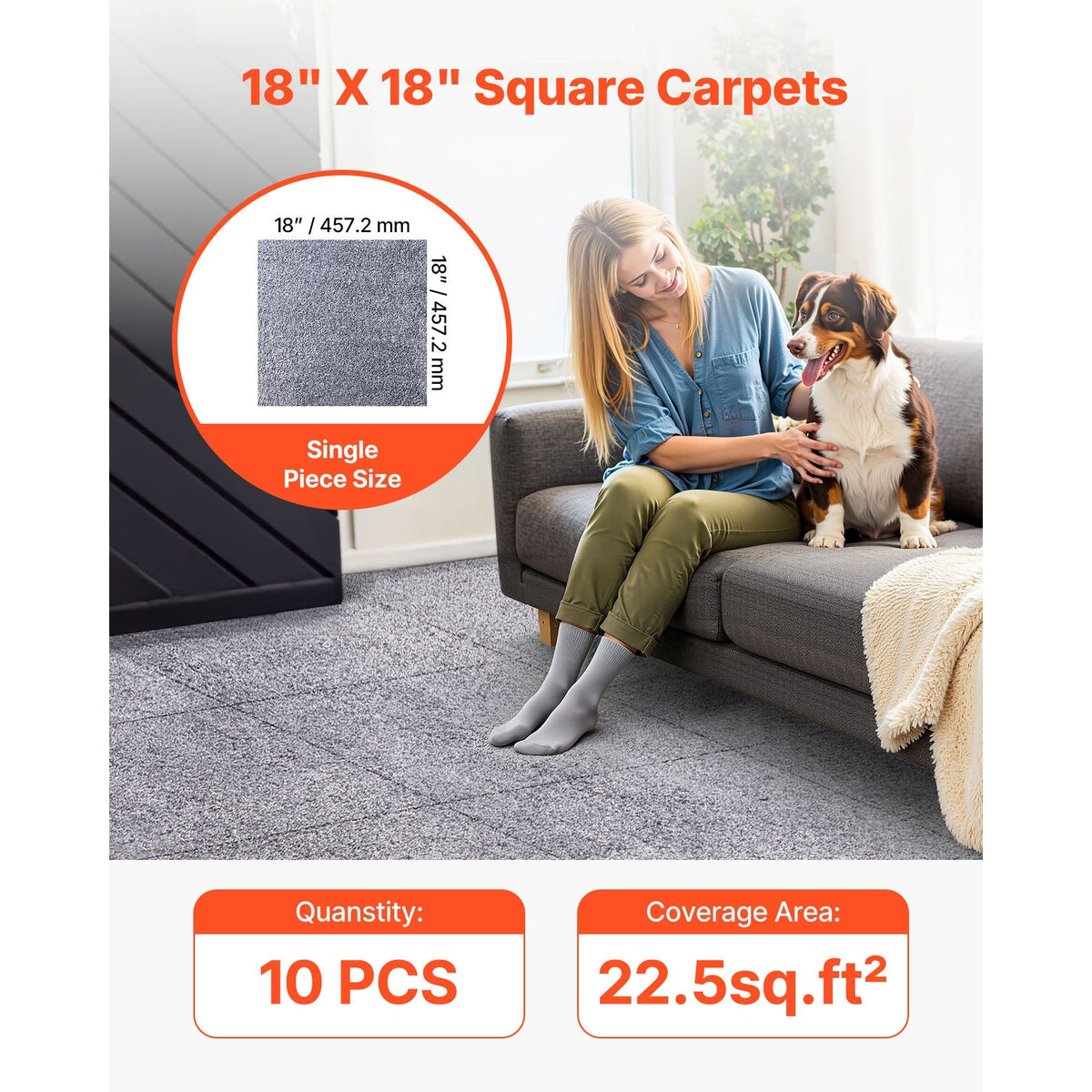 Carpet Tiles 18x18 inch, 10 Pack Carpet Square Rug Detachable & Damage-free, Self Adhesive Home Floor Soft Plush Padded for 22.5sq.ft Coverage, Easy DIY for Living Room & Bedroom, Gray