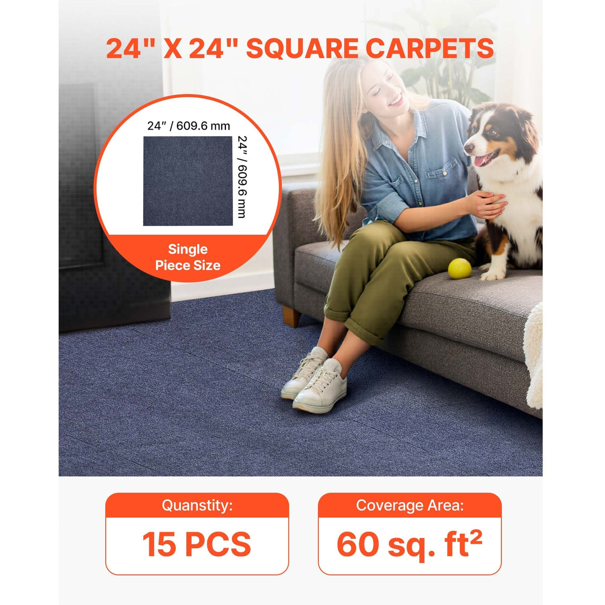 Carpet Tiles 24x24 inch, 15 Pack Peel and Stick Carpet Square Rug, Self Adhesive Commercial Floor Soft Padded for Seamless Cover 60sq.ft², Easy DIY Replacement for Living Room Office,Gray
