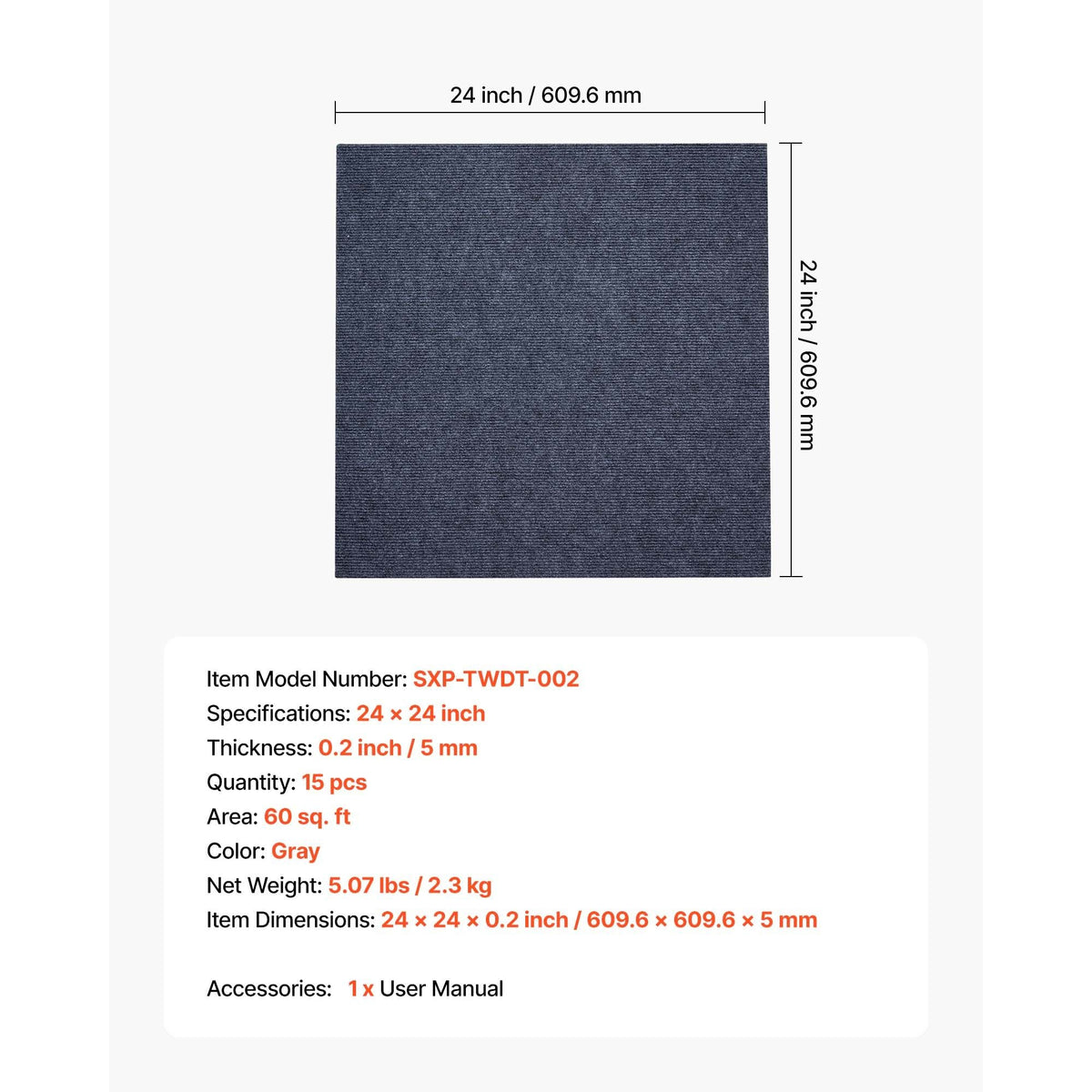 Carpet Tiles 24x24 inch, 15 Pack Peel and Stick Carpet Square Rug, Self Adhesive Commercial Floor Soft Padded for Seamless Cover 60sq.ft², Easy DIY Replacement for Living Room Office,Gray