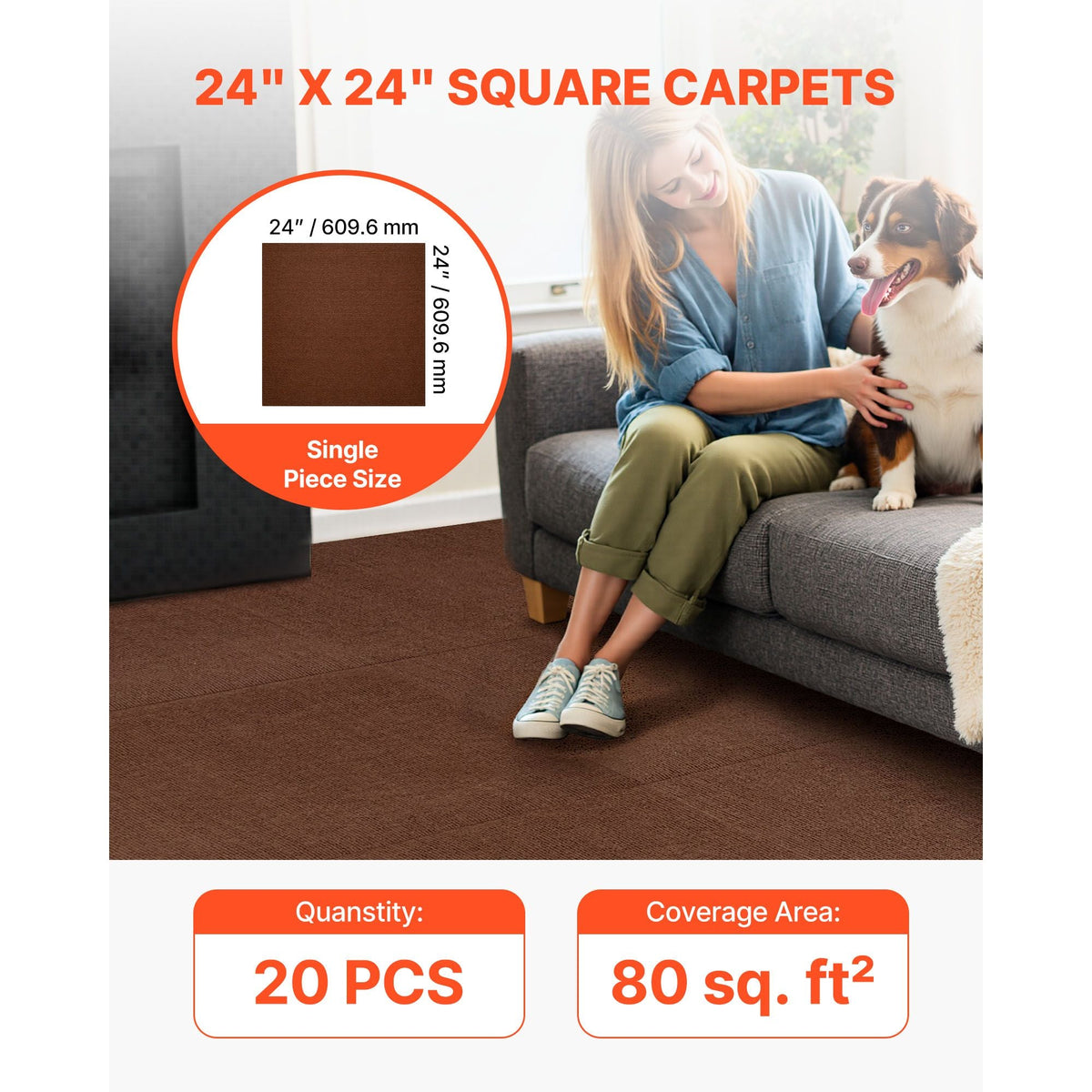 Carpet Tiles 24x24 inch, 20 Pack Peel and Stick Carpet Square Rug, Self Adhesive Commercial Floor Soft Padded for Seamless Cover 80sq.ft², Easy DIY Replacement for Living Room Office,Dark Brown