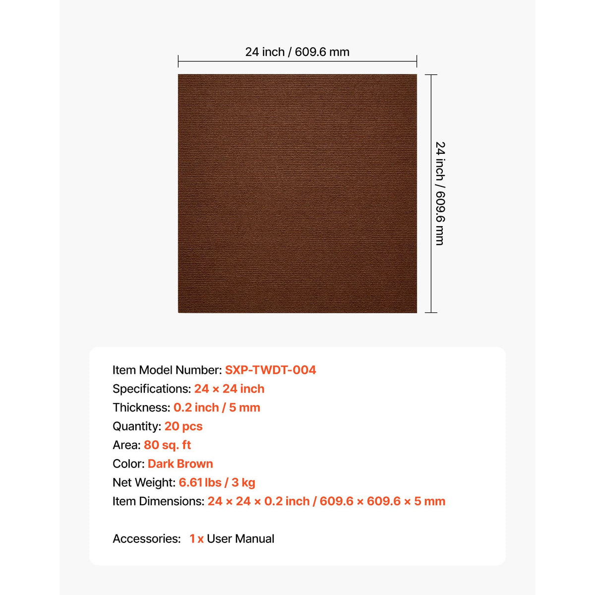 Carpet Tiles 24x24 inch, 20 Pack Peel and Stick Carpet Square Rug, Self Adhesive Commercial Floor Soft Padded for Seamless Cover 80sq.ft², Easy DIY Replacement for Living Room Office,Dark Brown