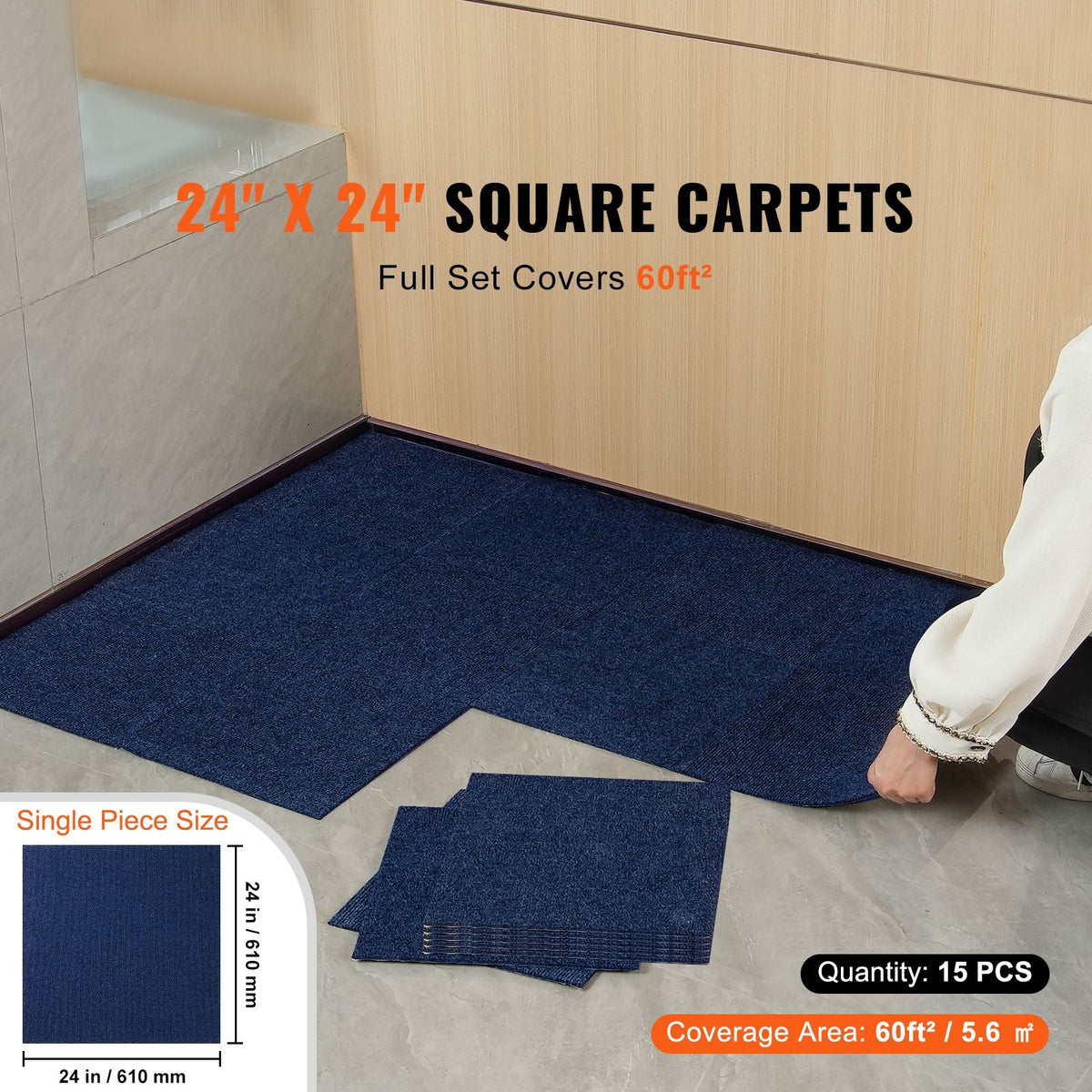 Carpet Tiles Peel and Stick, 24' x 24' Squares Self Adhesive Carpet Floor Tile, Soft Padded Carpet Tiles, Easy Install DIY for Bedroom Living Room Indoor Outdoor (15Tiles, Dark Blue)