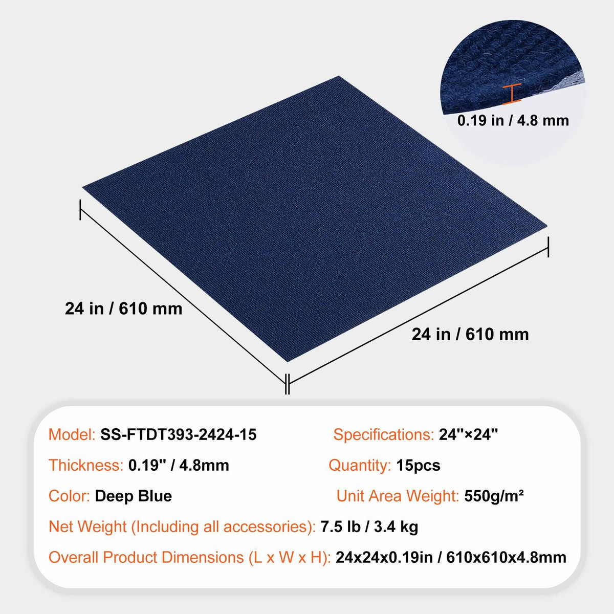 Carpet Tiles Peel and Stick, 24' x 24' Squares Self Adhesive Carpet Floor Tile, Soft Padded Carpet Tiles, Easy Install DIY for Bedroom Living Room Indoor Outdoor (15Tiles, Dark Blue)
