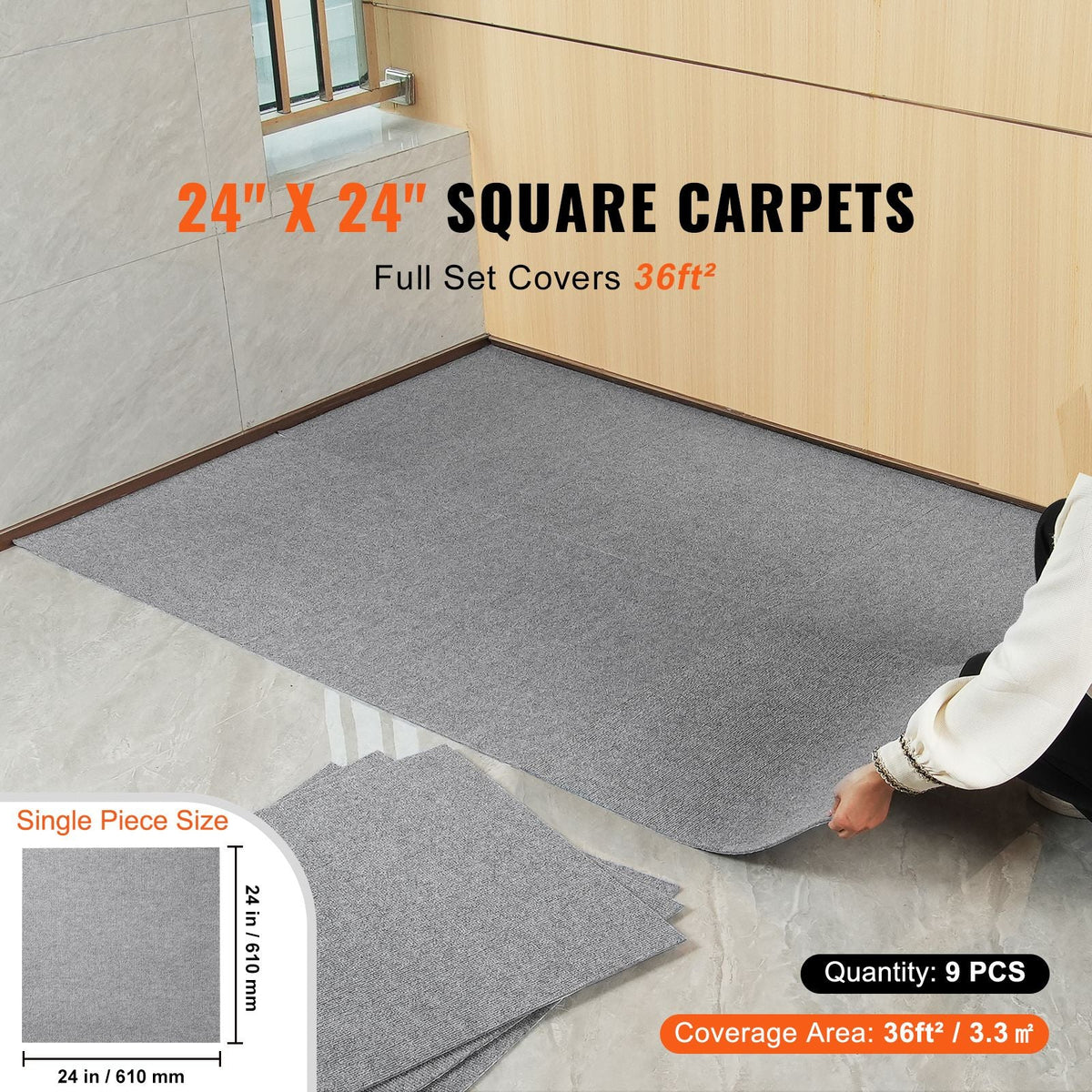Carpet Tiles Peel and Stick, 24' x 24' Squares Self Adhesive Carpet Floor Tile, Soft Padded Carpet Tiles, Easy Install DIY for Bedroom Living Room Indoor Outdoor (9Tiles, Light Gray)