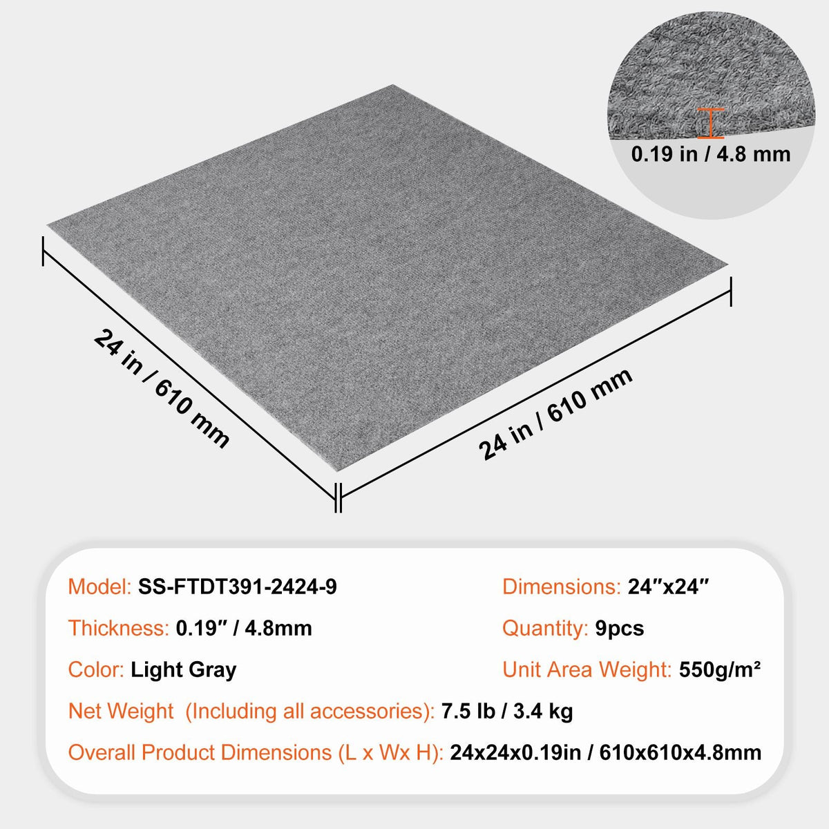 Carpet Tiles Peel and Stick, 24' x 24' Squares Self Adhesive Carpet Floor Tile, Soft Padded Carpet Tiles, Easy Install DIY for Bedroom Living Room Indoor Outdoor (9Tiles, Light Gray)