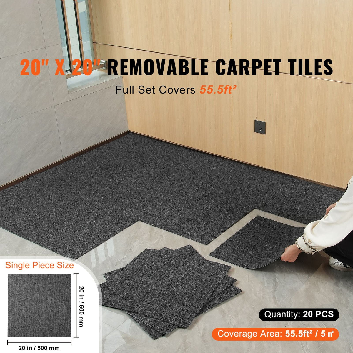 Carpet Tiles Reusable, 20"x 20" Carpet Squares With Padding Attached, Soft Padded Carpet Tiles, Easy Install DIY for Bedroom Living Room Indoor Outdoor (20 Tiles, Dark Gray)
