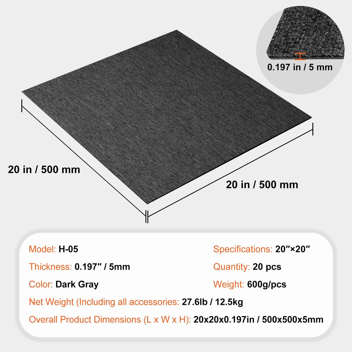 Carpet Tiles Reusable, 20"x 20" Carpet Squares With Padding Attached, Soft Padded Carpet Tiles, Easy Install DIY for Bedroom Living Room Indoor Outdoor (20 Tiles, Dark Gray)