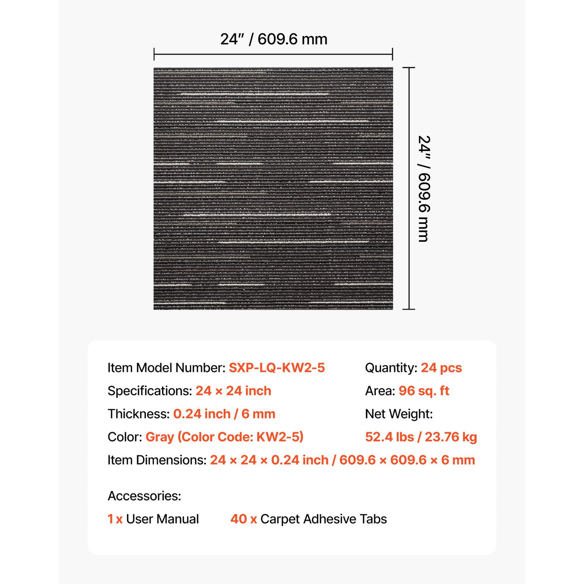 Carpet Tiles Reusable 24x24 inch, 24 PCS Modular Carpet Square Rug, Commercial Floor Soft Padded for Seamless Cover 96sq.ft, Easy DIY Replacement for Living Room Bedroom Office Indoor,Gray