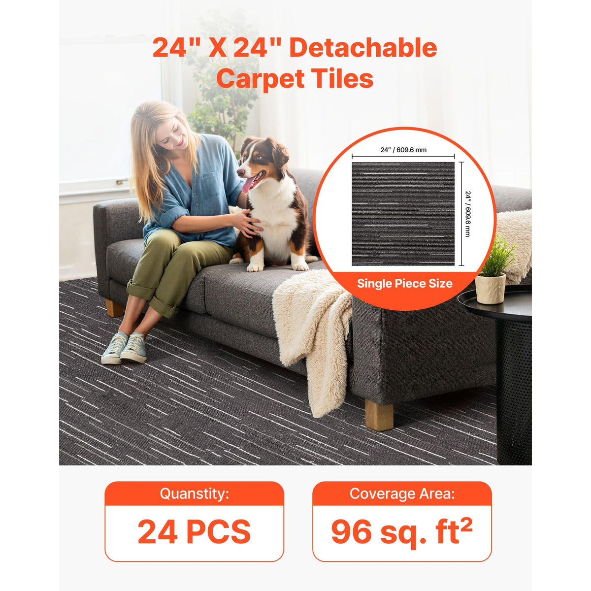 Carpet Tiles Reusable 24x24 inch, 24 PCS Modular Carpet Square Rug, Commercial Floor Soft Padded for Seamless Cover 96sq.ft, Easy DIY Replacement for Living Room Bedroom Office Indoor,Gray