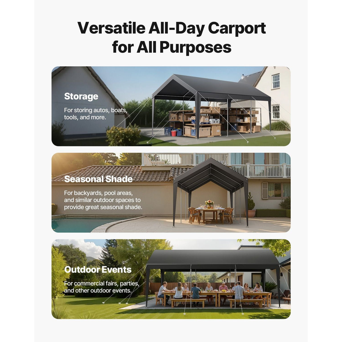 Carport, 10 x 20 FT Outdoor Car Canopy, Potable Carport, Heavy Duty Galvanized Car Shelter, UV-Resistant & Water-Resistant, All-Season Protection, Storage Shed for Car Boat Motorcycle Grey