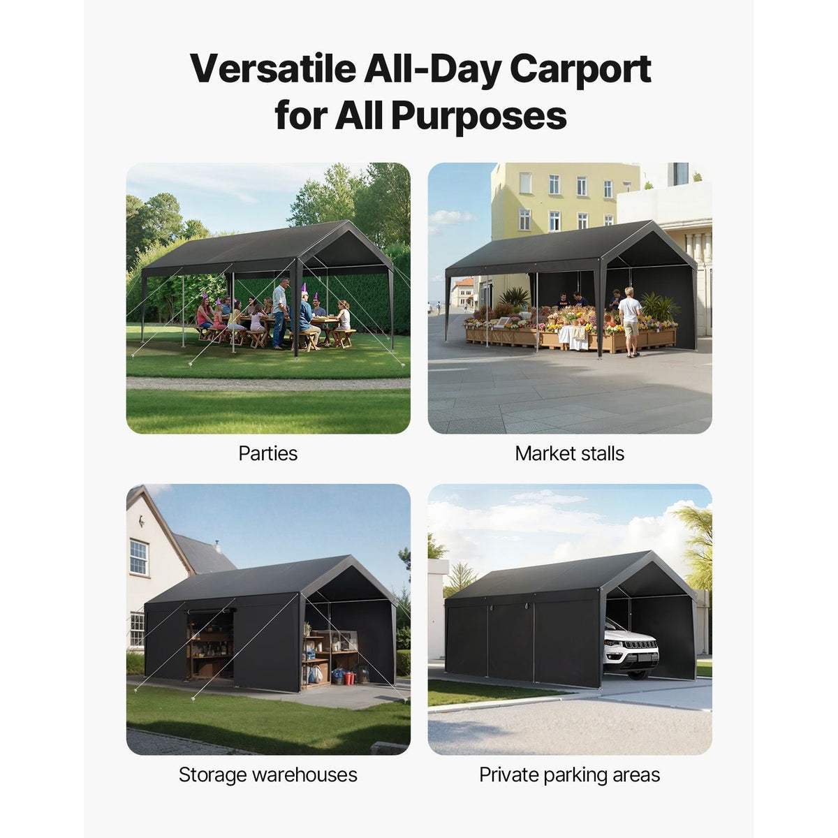 Carport, 10 x 20 FT Outdoor Car Canopy, Potable Carport with Removable Sidewalls & Door, Heavy Duty Car Shelter, UV-Resistant & Water-Resistant, All-Season Protection for Automobile Boat Grey