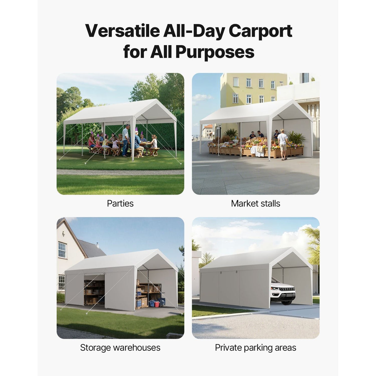 Carport, 10 x 20 FT Outdoor Car Canopy, Potable Carport with Removable Sidewalls & Door, Heavy Duty Car Shelter, UV-Resistant & Water-Resistant, All-Season Protection for Automobile Boat White