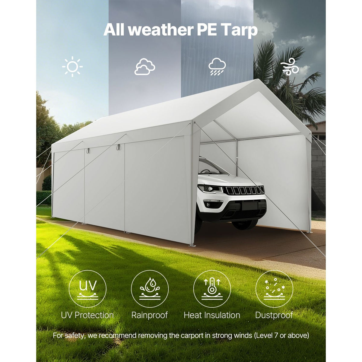 Carport, 10 x 20 FT Outdoor Car Canopy, Potable Carport with Removable Sidewalls & Door, Heavy Duty Car Shelter, UV-Resistant & Water-Resistant, All-Season Protection for Automobile Boat White