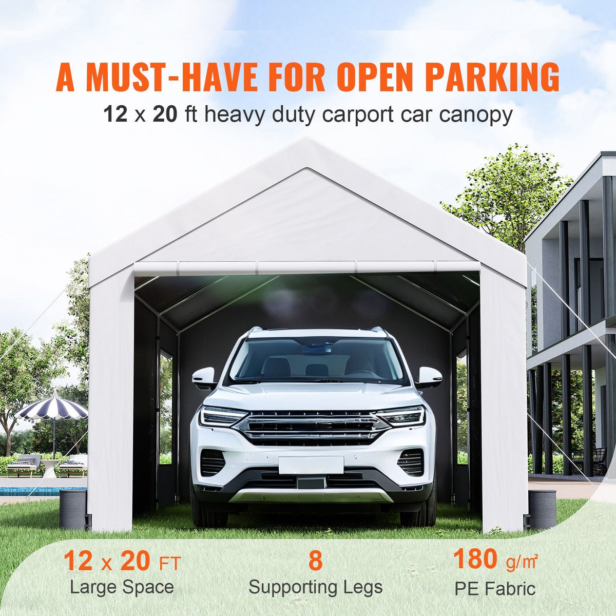 Carport, 12 x 20 ft Heavy Duty Car Canopy with Roll-up Ventilated Windows, Extra Large Portable Garage with Removable Sidewalls, Waterproof UV Resistant All-Season Tarp for SUV, Truck, Boat