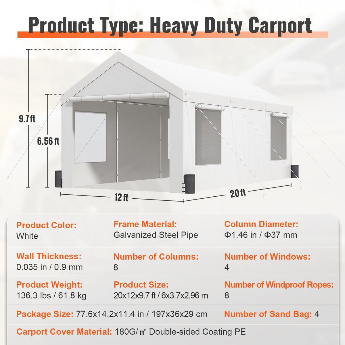 Carport, 12 x 20 ft Heavy Duty Car Canopy with Roll-up Ventilated Windows, Extra Large Portable Garage with Removable Sidewalls, Waterproof UV Resistant All-Season Tarp for SUV, Truck, Boat