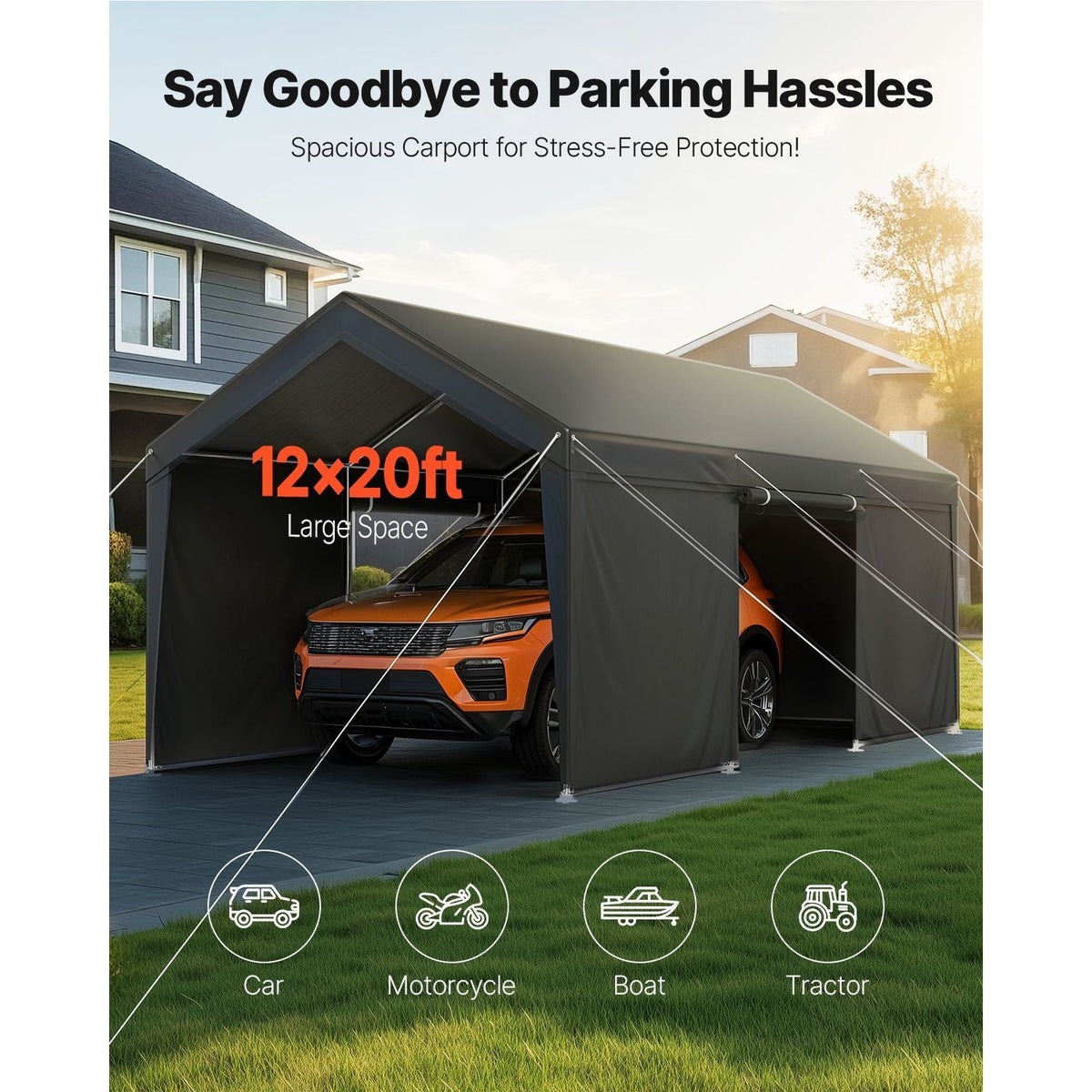Carport, 12 x 20 FT Outdoor Car Canopy, Potable Carport with Removable Sidewalls & Door, Heavy Duty Car Shelter, UV-Resistant & Water-Resistant, All-Season Protection for Automobile Boat Grey