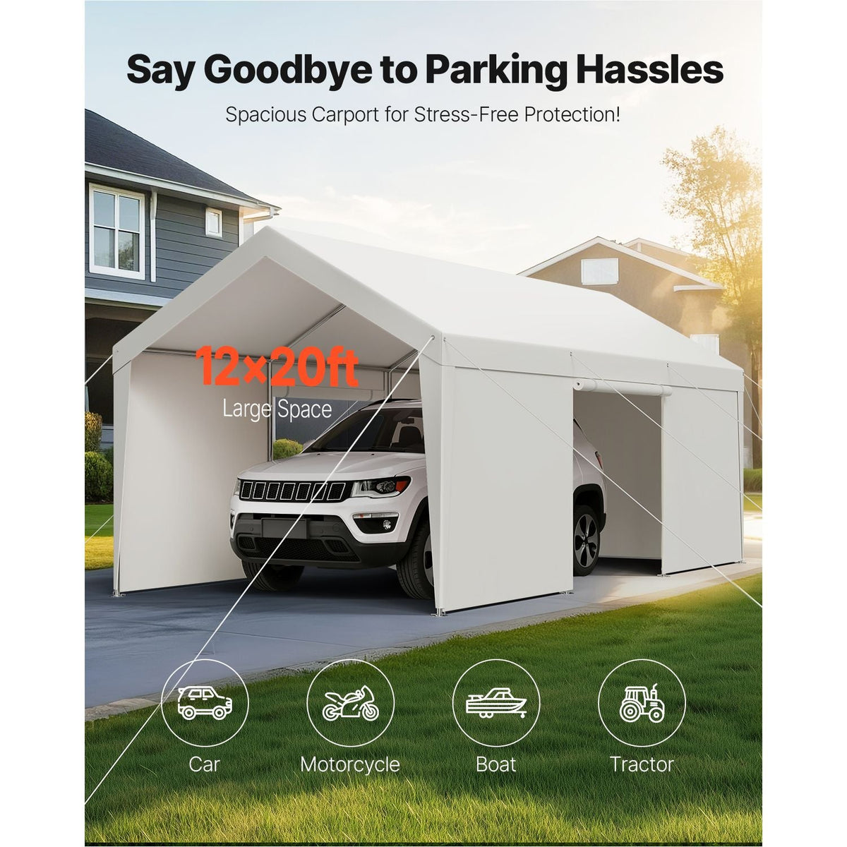 Carport, 12 x 20 FT Outdoor Car Canopy, Potable Carport with Removable Sidewalls & Door, Heavy Duty Car Shelter, UV-Resistant & Water-Resistant, All-Season Protection for Automobile Boat White